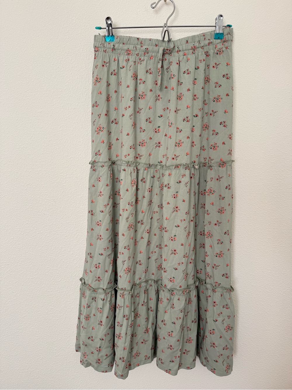 Laurel Grey Sage Ditsy Floral Tiered Boho Maxi Skirt XL Cottagecore Ruffle Flowy